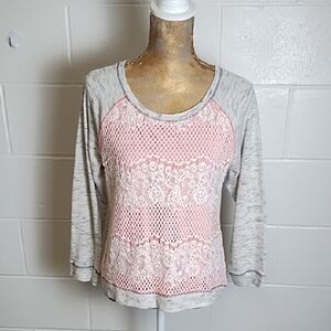 Jolt Cream Gray Peach French Terry Lace Long Sleeve Tee shirt